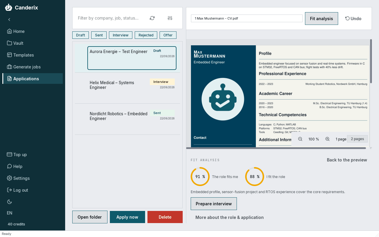 Canderix: applications page with a finished application, fit analysis and PDF preview