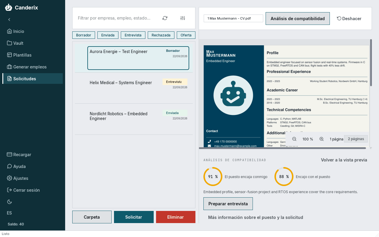 Canderix: página de candidaturas con una carpeta terminada, análisis de encaje y vista previa del PDF