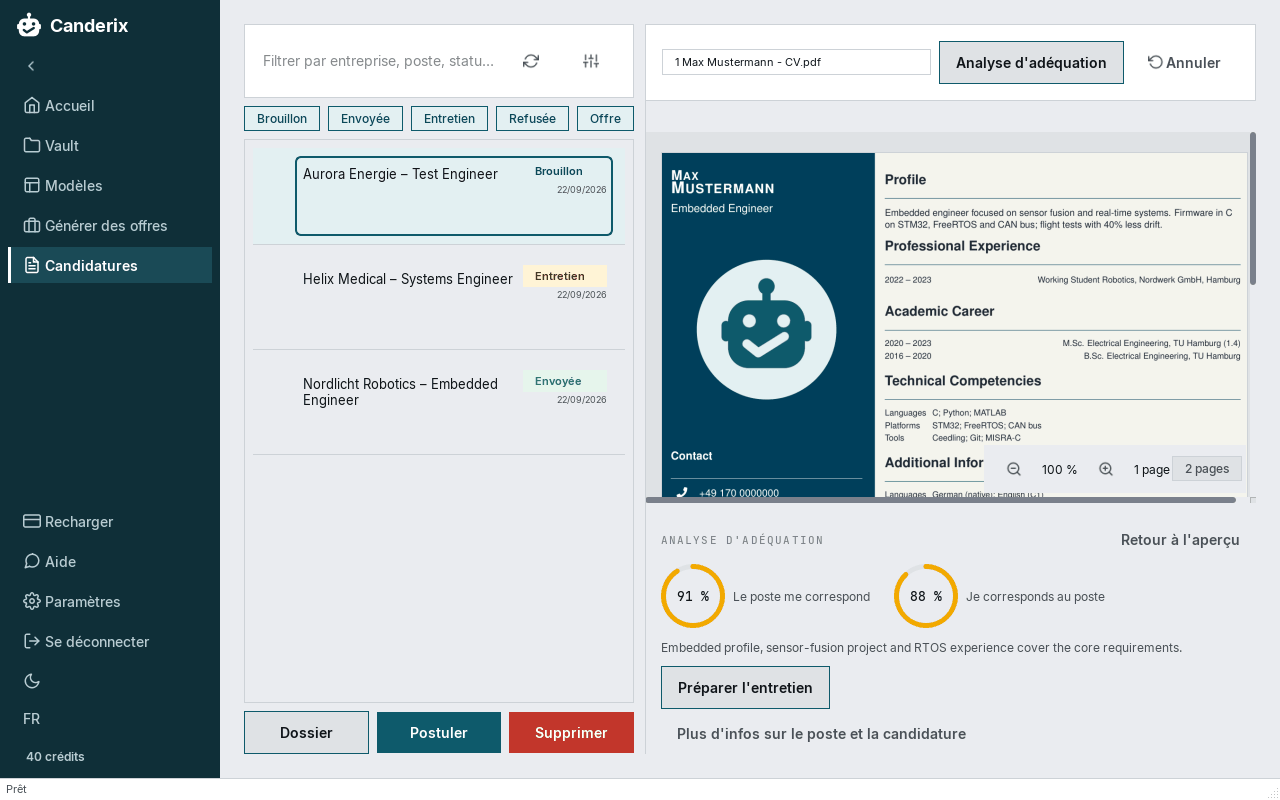 Canderix : page des candidatures avec un dossier terminé, analyse de correspondance et aperçu PDF