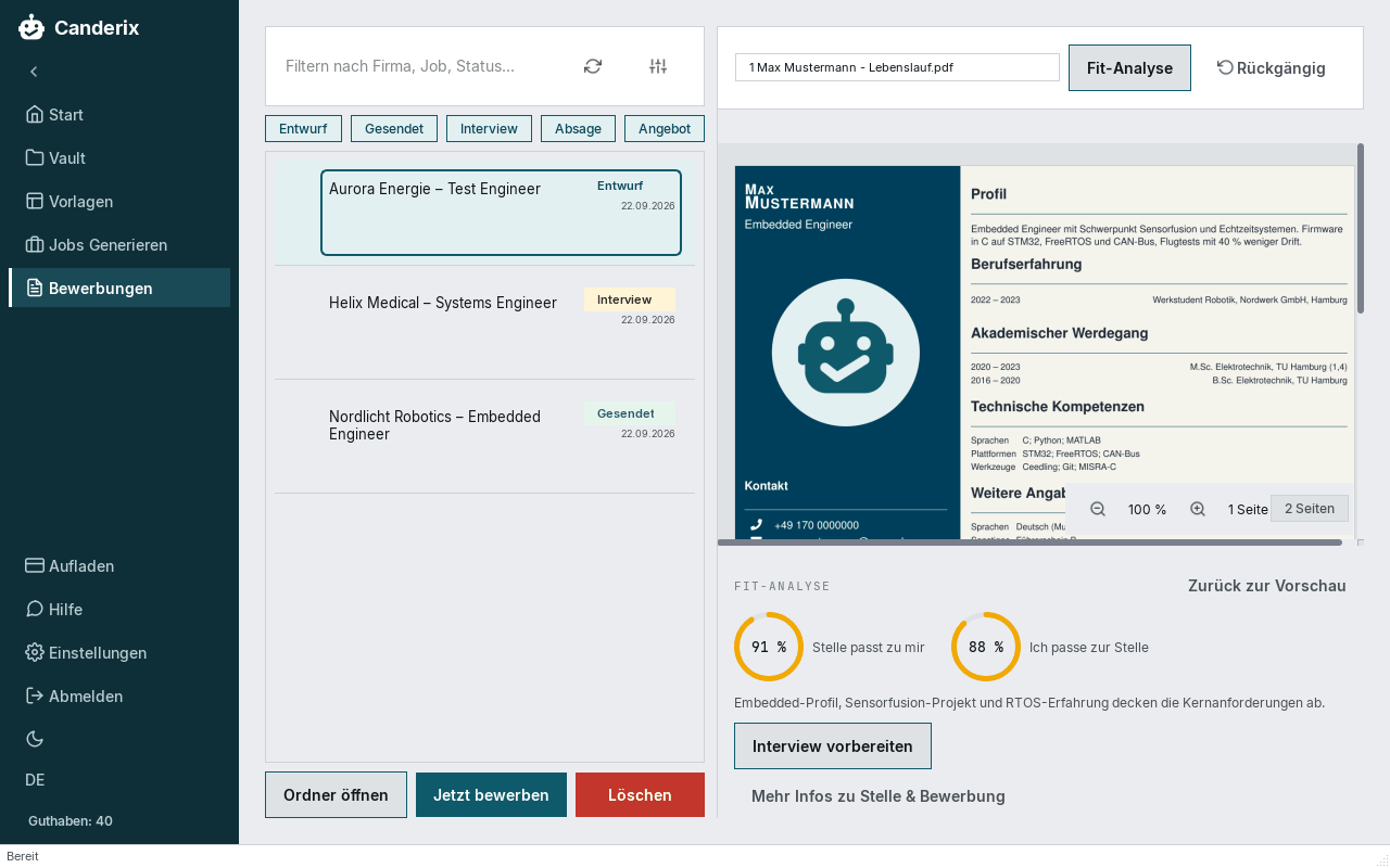 Canderix: Bewerbungen-Seite mit fertiger Mappe, Fit-Analyse und PDF-Vorschau